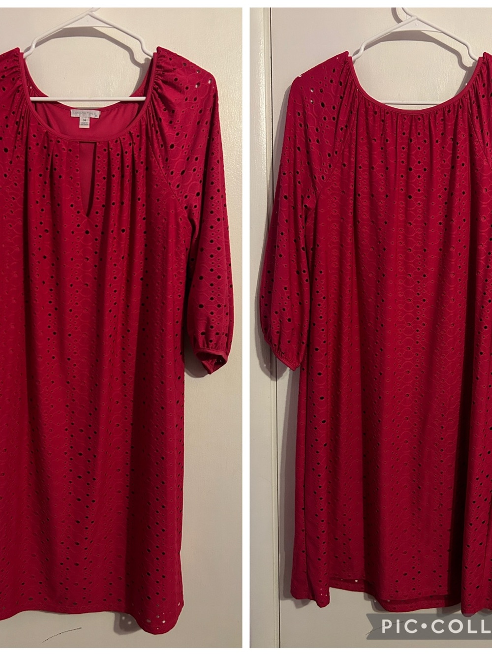 London Times Red Eyelet Long Sleeve Midi Dress